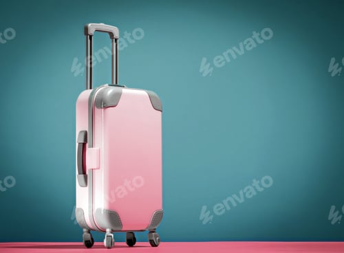 Preview: Pink suitcase on blue and pink background. Copy space.