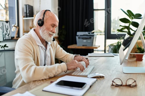 Preview: Efficient senior businessman with beard engaged in work at modern office during the day