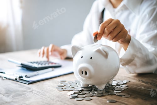 Preview: Hand holding coin with pig piggy bank. Saving and financial accounts concept