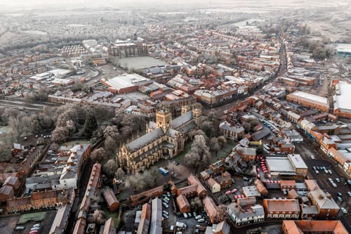 Preview: Aerial map view directly above the North Yorkshire market town of Selby with Selby Abbey prominent