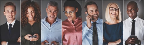 Preview: Diverse group of smiling businesspeople using cellphones