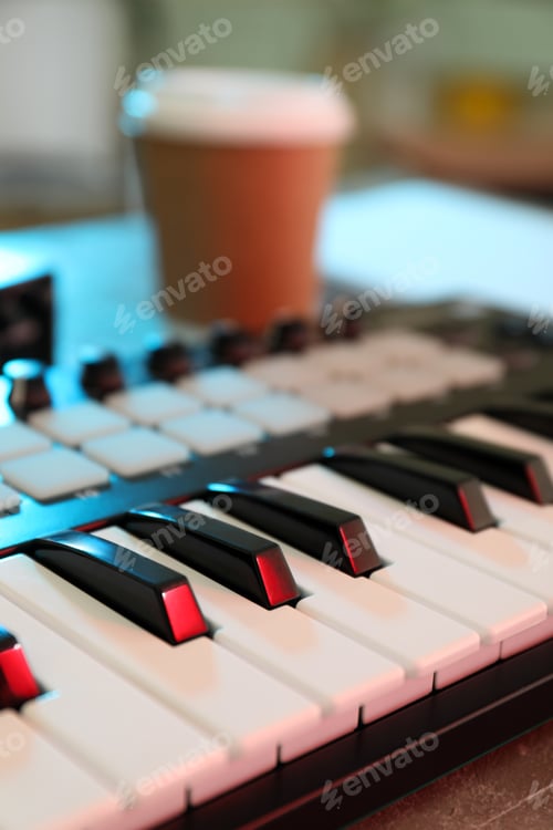 Preview: Musician workplace with midi keyboard, close up