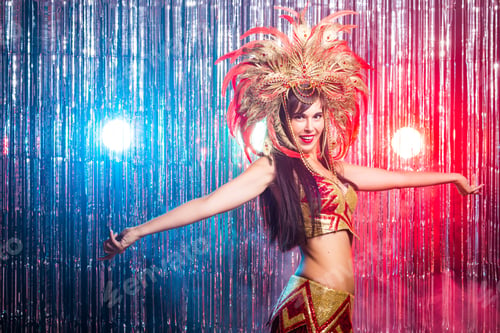 Preview: Carnival, dancer and holiday concept - Beauty brunette woman in cabaret suit and headdress with
