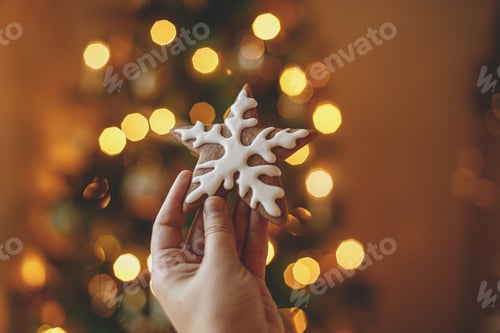 Preview: Merry Christmas! Hand holding gingerbread cookie star with icing