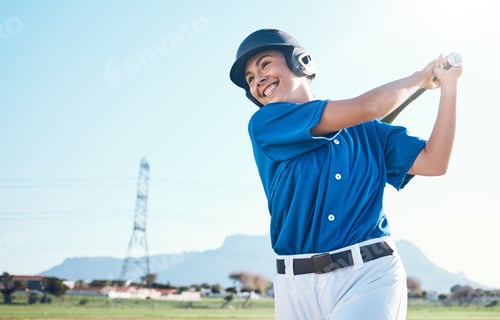 Preview: Baseball, bat and swing of a woman outdoor on a pitch for sports, performance and competition. Prof