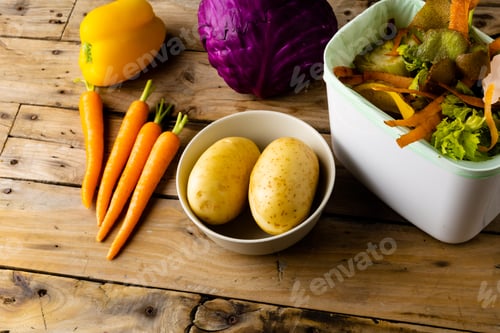 Preview: Raw vegetables and vegetable waste in kitchen composting bin