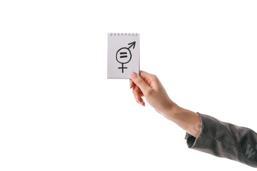 Preview: partial view of woman holding gender equality symbol, isolated on white
