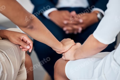Preview: Women holding hands, counseling couple support in psychologist office or human resources empathy wi