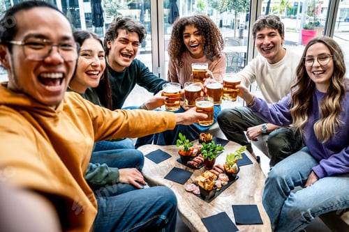 Preview: Group of young smile people taking selfie sitting at bar restaurant table