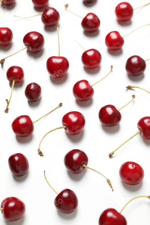 Preview: Ripe juicy cherry fruits on a white background