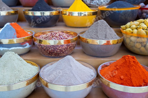 Preview: Traditional spices market. Pots and wooden tubs stand in row with colorful tea, spices, fruits
