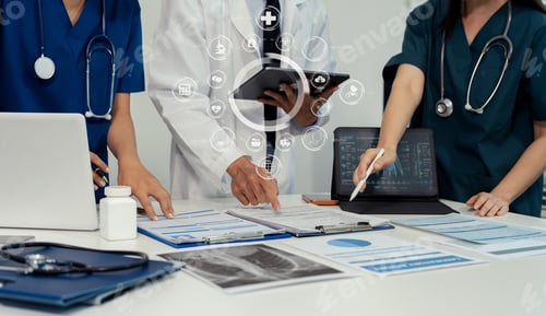 Preview: Medical, meeting and laptop for team in office in discussion, brainstorming and planning.