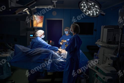 Preview: Surgeons in the operating room with a patient during laparoscopic surgery in hospital