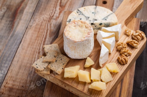 Preview: Tasting cheese dish on a wooden plate. Food for wine and romantic, cheese delicatessen