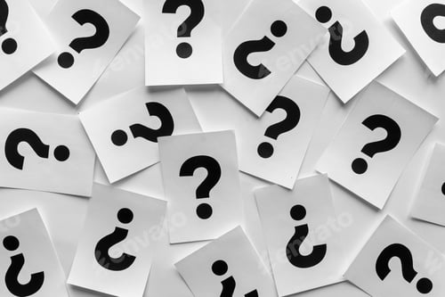 Preview: Bold black question marks on paper cards
