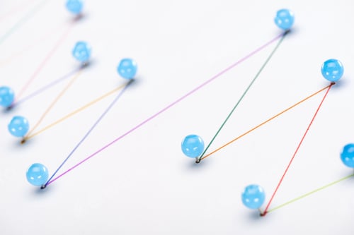 Preview: close up view of colorful connected drawn lines with pins, connection concept