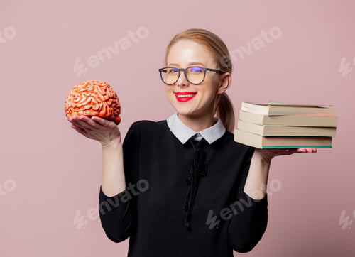 Preview: Blonde woman in black dress with books and brain on pink background