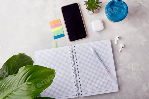 Preview: Design Harmony - Trendy Stationery Flat Lay Composition with coffee, sticky stickers, headphones
