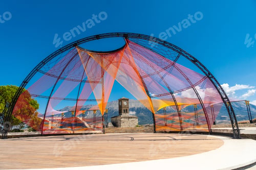 Preview: Colored arch in the Ottoman Castle Fortress of Gjirokaster or Gjirokastra and in the background