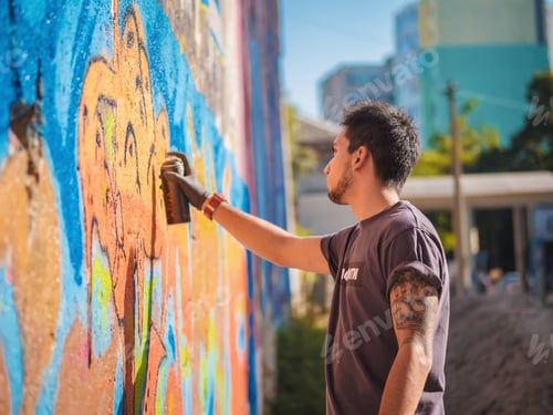 Visualização: Rapaz bonito e talentoso fazendo um grafite colorido com spray de aerossol na parede da rua urbana