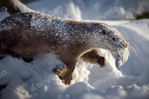 Preview: Closeup of a North American river otter eating fish in a forest covered in the snow in Belarus