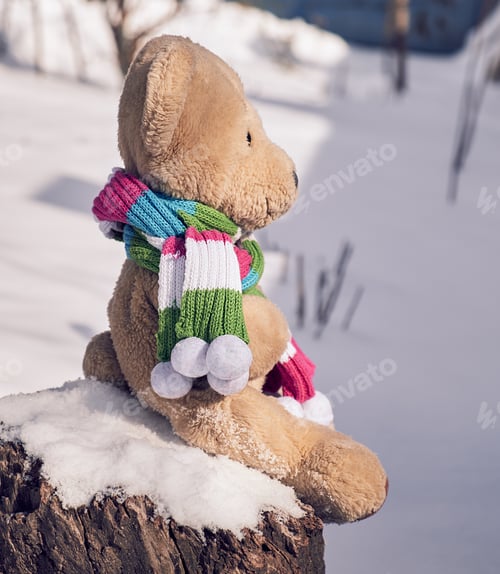 Preview: Teddy bear in a scarf sits on a stump in the middle of white snow