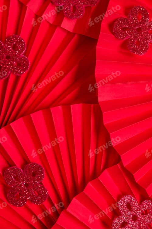 Preview: Chinese New Year .Decor pattern fan on red background. Red paper fans .Lunar New Year banner templa