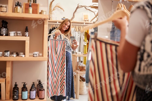 Preview: Female Customer Shopping In Independent Fashion Store Using Mobile Phone To Take Picture Of Skirt