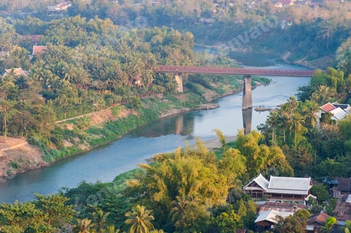Preview: View over Nam Khan River from Wat Phousi Temple, Laos, Southeast Asia