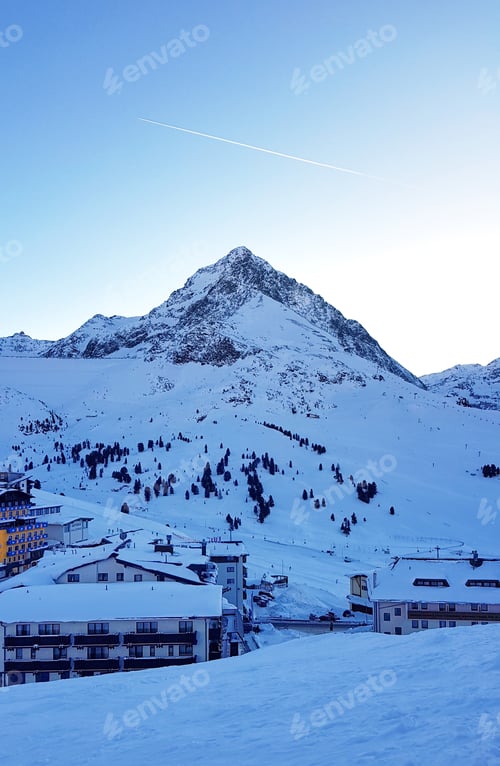Preview: Ski resort in alpine valley. Mountains, hotels, skiing, tourism, travel. Kuhtai, Austria.