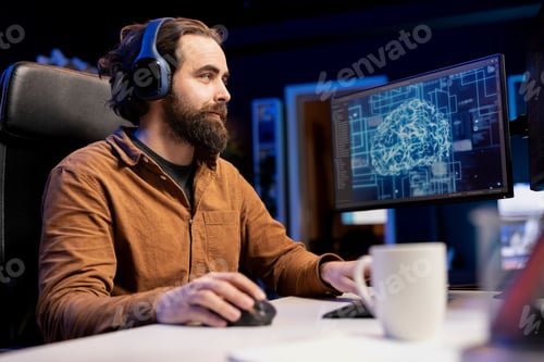 Preview: Programmer listening music while working with AI deep neural networks