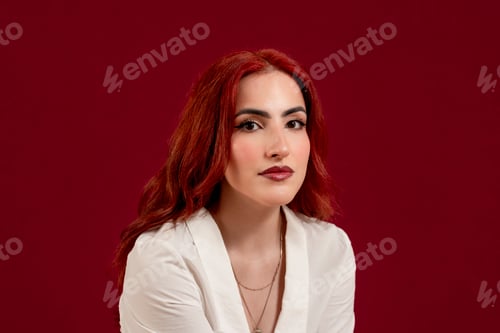 Preview: Confident woman looking at the camera and smiling while posing against a red isolated background.