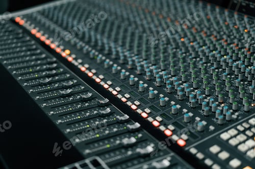 Preview: A recording studio control panel mixer with an equalizer faders buttons broadcasting a recording