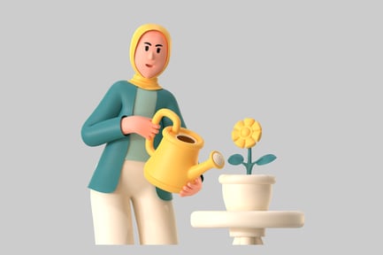 Visualização: Jardineiro com hijab regando flores