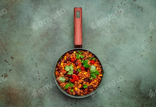 Preview: Chili con carne with minced beef, beans, paprika, corn, cilantro, jalapeno pepper in tomato sauce