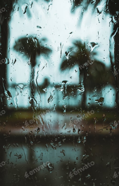 Preview: Glass with droplets on it and some blurred palm trees on its other side