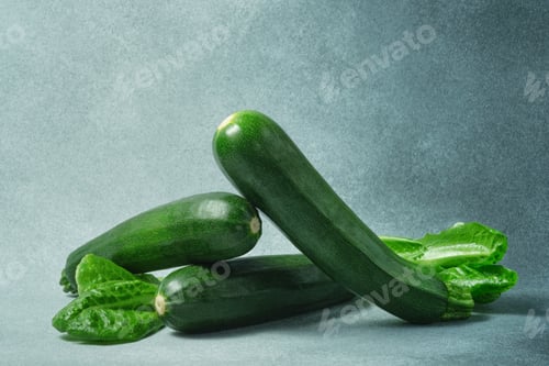 Vista previa: Fresh Green Zucchinis with Romaine Lettuce on a Textured Grey Surface