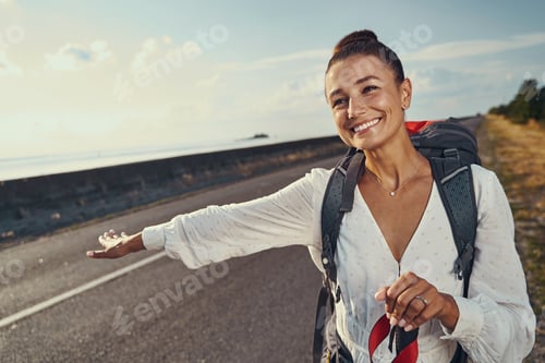 Preview: Hitchhiker giving a sign to cars to stop