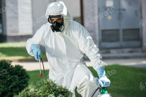Preview: male pest control worker in uniform spraying chemicals on bush