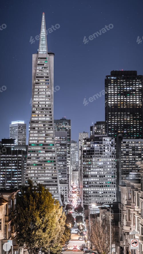 Preview: San Francisco's financial district skyline on a clear starry night, California