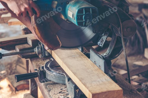 Preview: woodworking workshop of carpenters work table with different tools and wood cutting stand