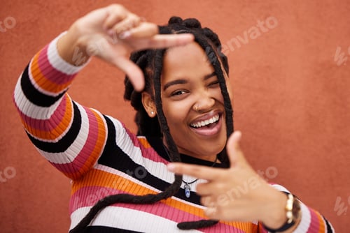 Preview: Finger framing, portrait and black woman on background for profile picture in Nigeria. Face, happy
