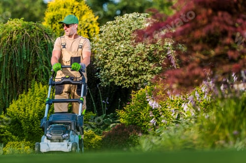 Preview: Lawn Caretaker Mowing Grass in a Vibrant Garden During a Sunny Day