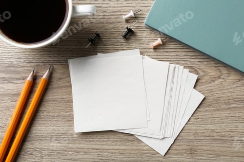 Preview: Blank notes, notebook, cup of coffee and pencils on wooden table, flat lay. Space for text