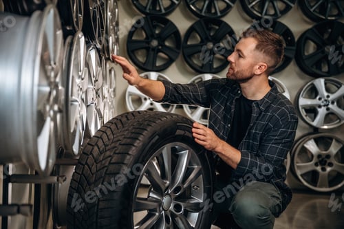 Preview: Sitting, professional man worker is maintenance station with tires, wheels