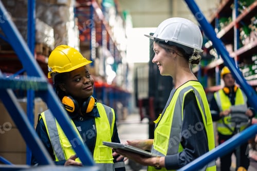 Preview: Diverse industrial worker team working in manufacturing plant together.