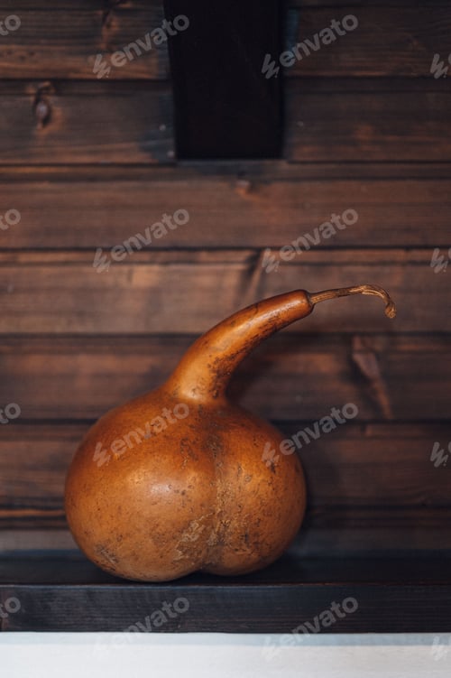 Preview: Decorative gourd on a wooden shelf against a rustic brown backdrop.