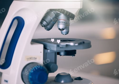 Preview: Microscope, lab and science research with technology testing for a pharmaceutical or medical study.