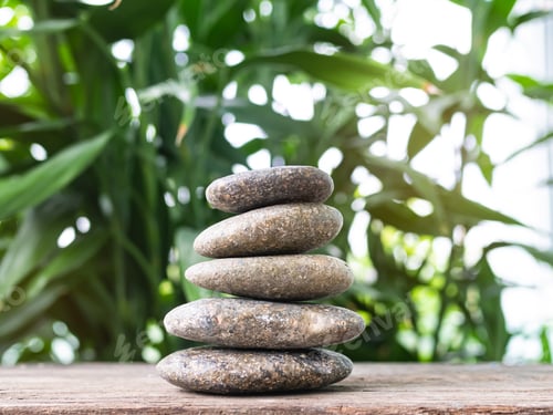 Preview: Stack Stone on Blur Plant Growth Tree wit Bokeh Background