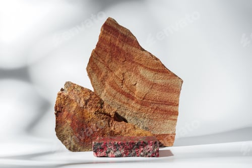 Preview: Piece of granite stone on white background with shadows